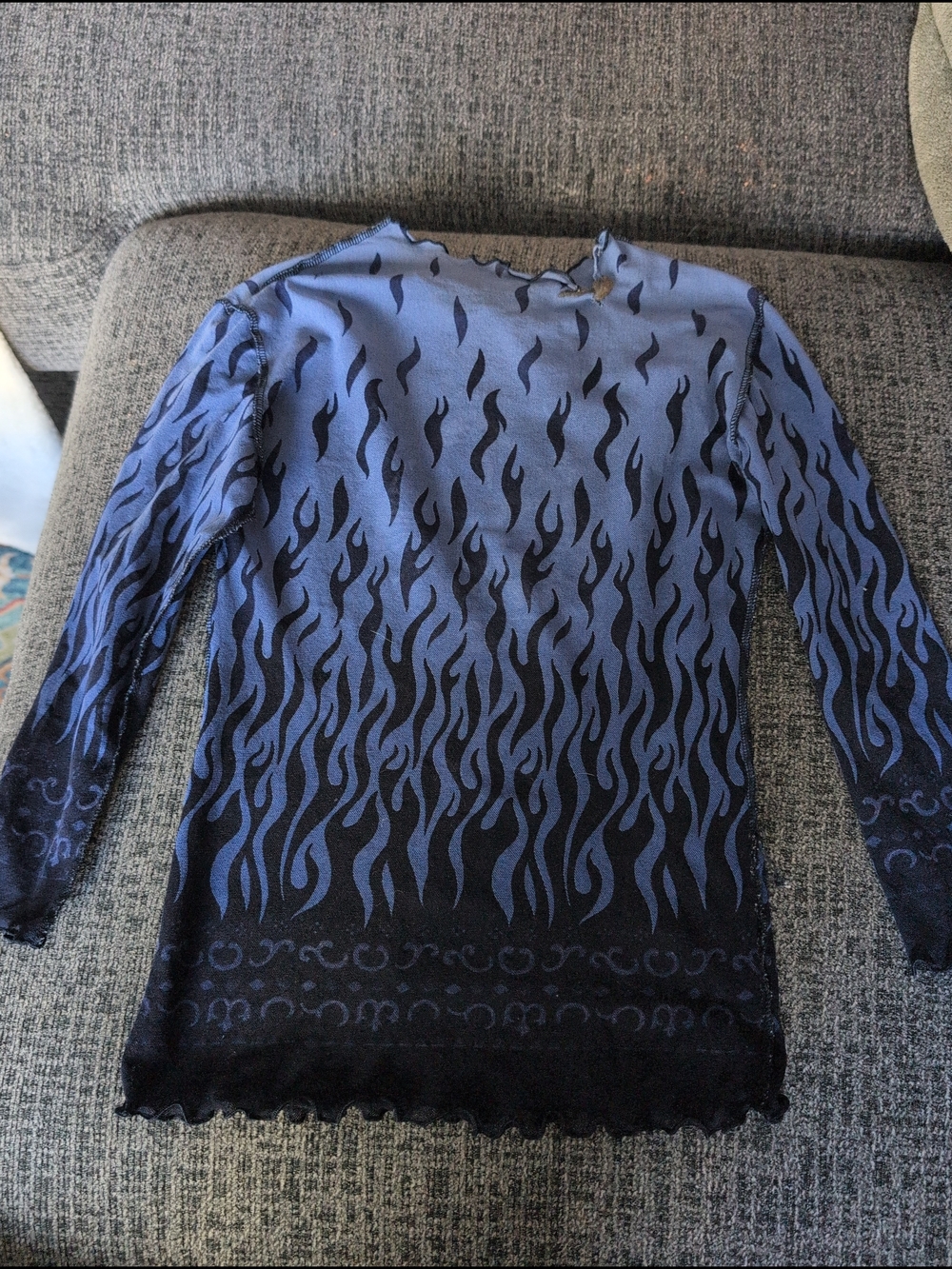 Bebe Y2K Blue Flame Buddha Mesh Top Sheer Cyber Tattoo Club Kid Fairy Grunge S/M